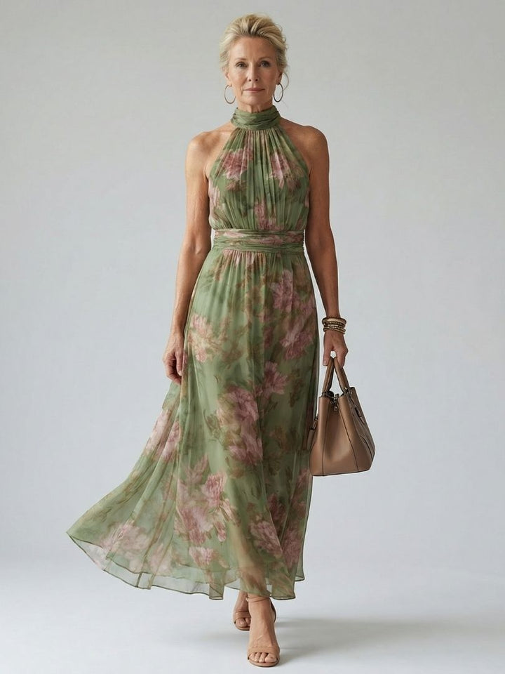 Mirella™ | Vestido Midi Floral Halter con Detalle Fruncido