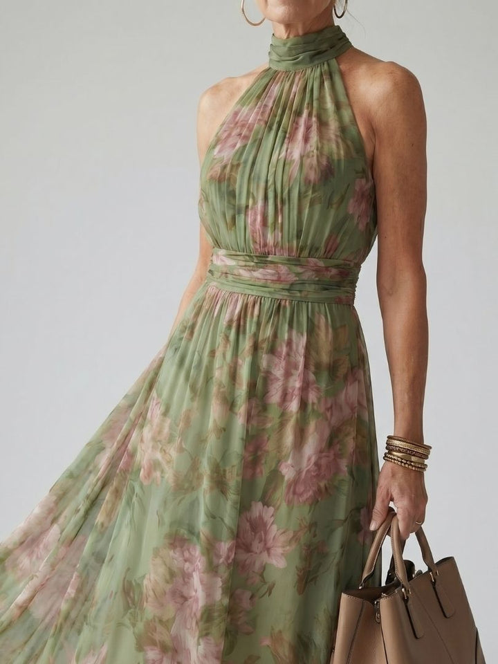 Mirella™ | Vestido Midi Floral Halter con Detalle Fruncido