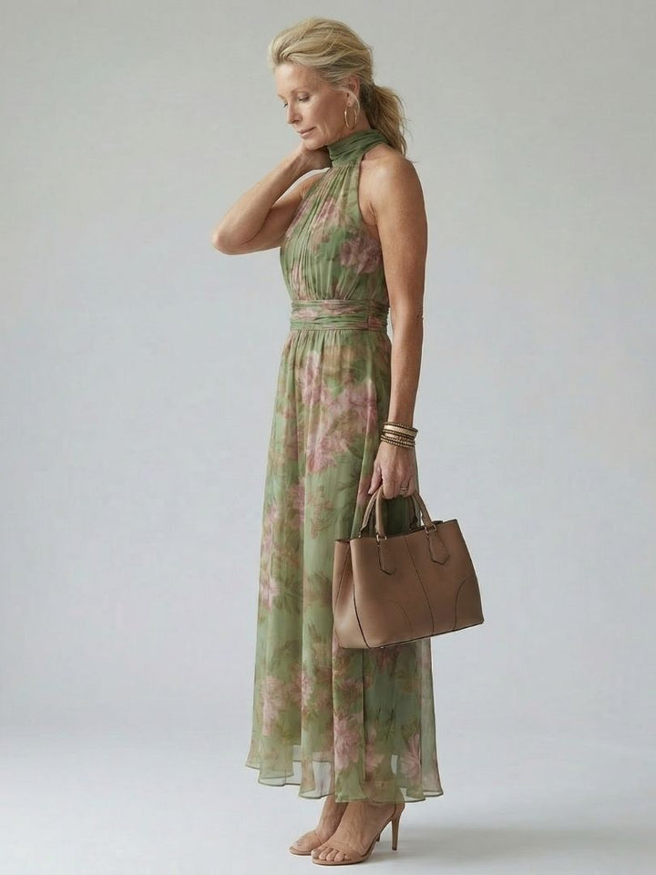 Mirella™ | Vestido Midi Floral Halter con Detalle Fruncido