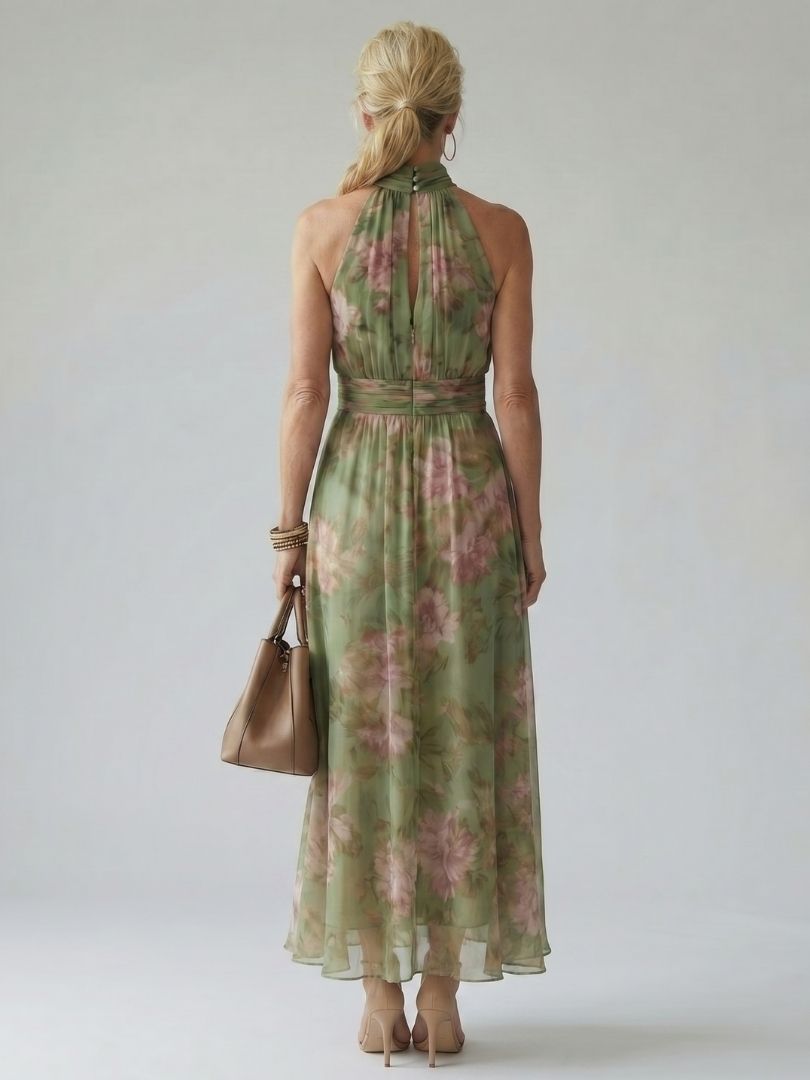 Mirella™ | Vestido Midi Floral Halter con Detalle Fruncido