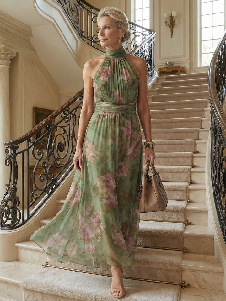 Mirella™ | Vestido Midi Floral Halter con Detalle Fruncido