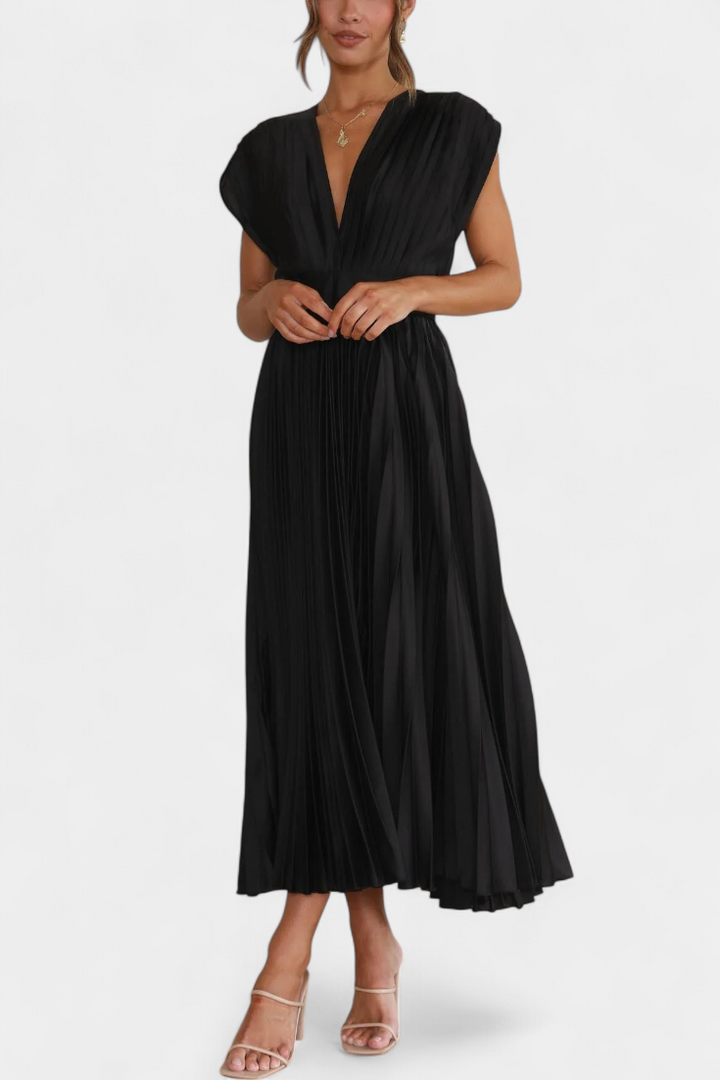 Mireia Vestido Plisado con Escote Drapeado y Cintura Alta