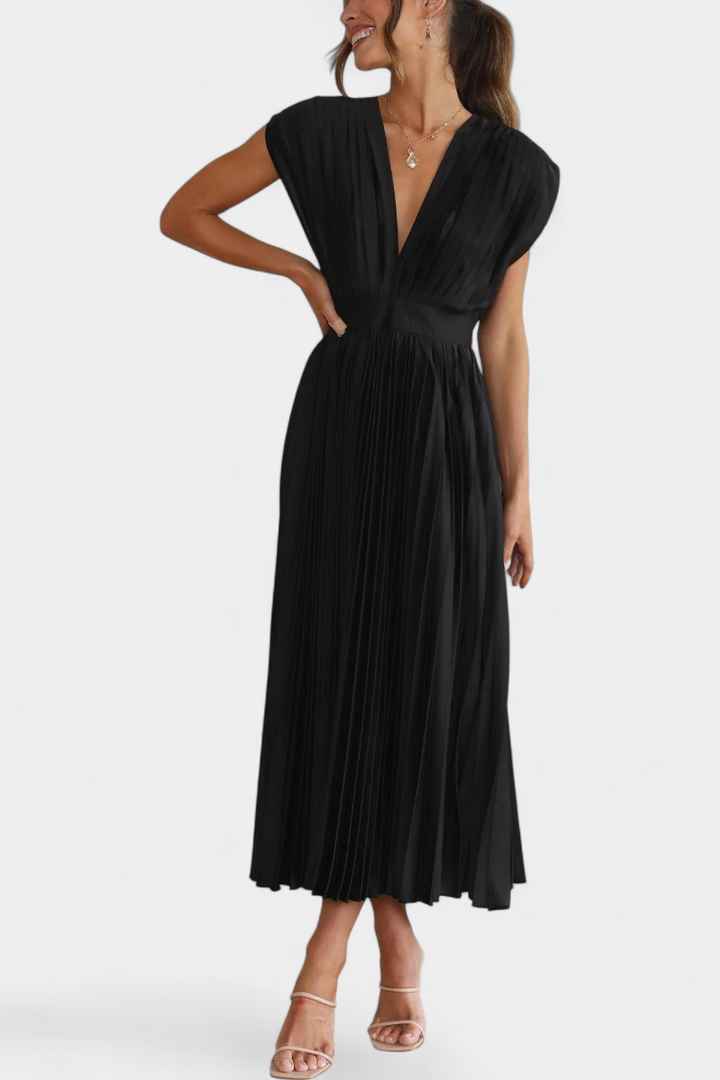 Mireia Vestido Plisado con Escote Drapeado y Cintura Alta