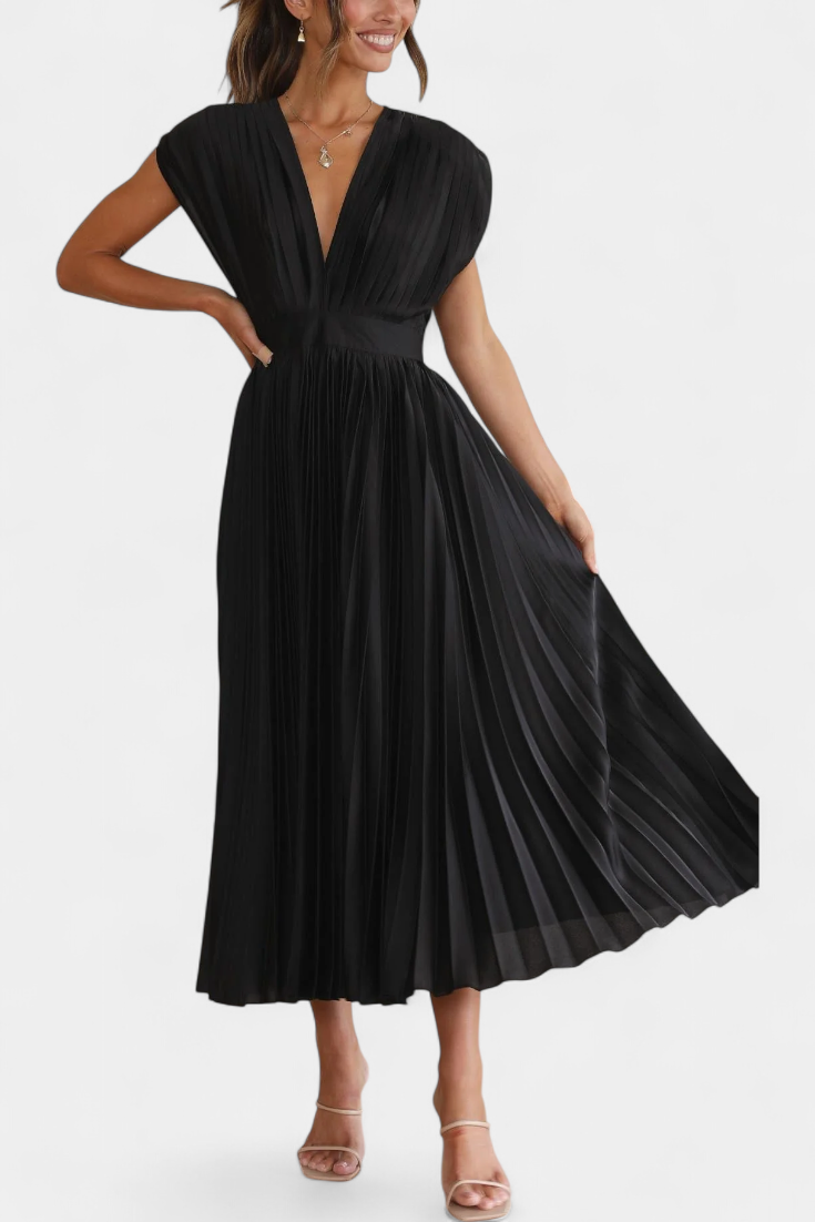 Mireia Vestido Plisado con Escote Drapeado y Cintura Alta