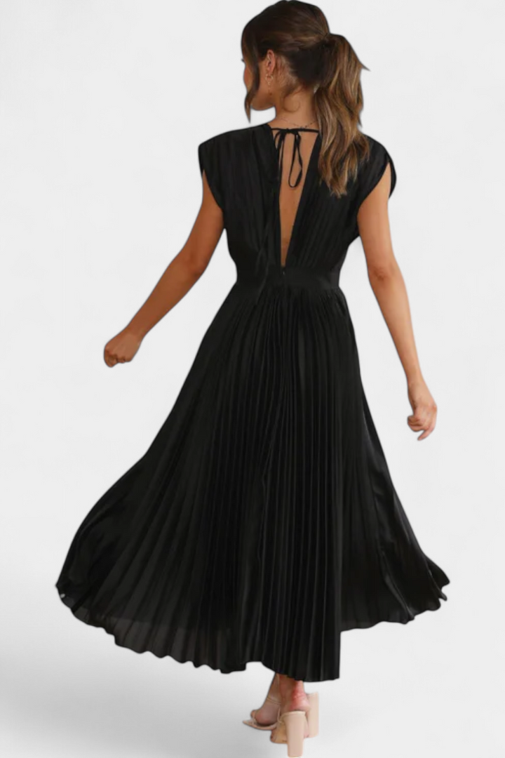 Mireia Vestido Plisado con Escote Drapeado y Cintura Alta