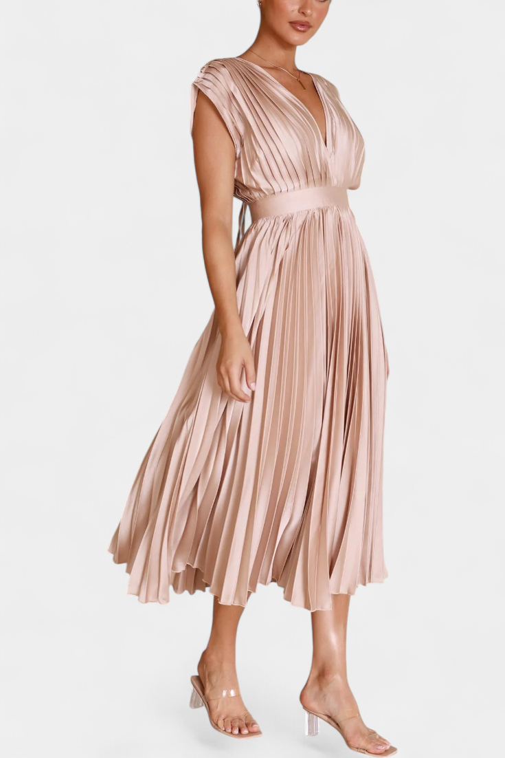 Mireia Vestido Plisado con Escote Drapeado y Cintura Alta