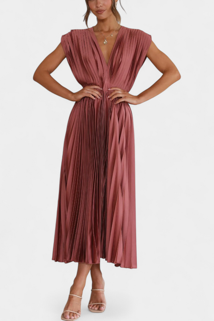 Mireia Vestido Plisado con Escote Drapeado y Cintura Alta