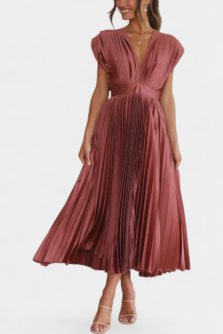 Mireia Vestido Plisado con Escote Drapeado y Cintura Alta