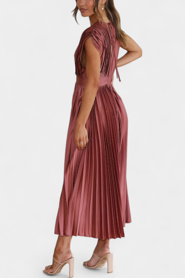 Mireia Vestido Plisado con Escote Drapeado y Cintura Alta