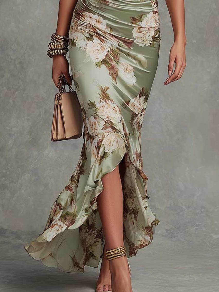 Isabela™ | Vestido Largo de Satén Floral con Escote en V y Mangas Volantes