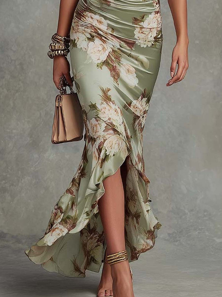 Isabela™ | Vestido Largo de Satén Floral con Escote en V y Mangas Volantes