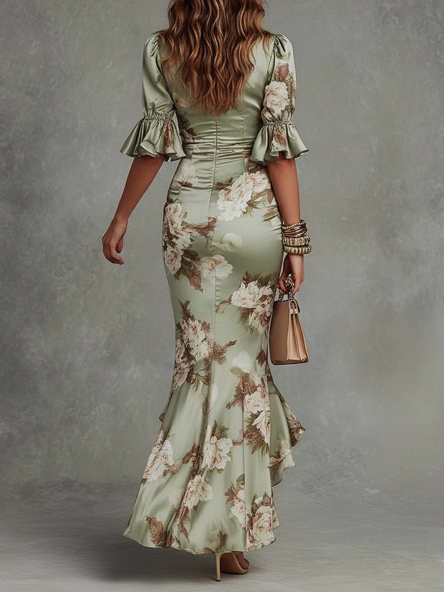 Isabela™ | Vestido Largo de Satén Floral con Escote en V y Mangas Volantes