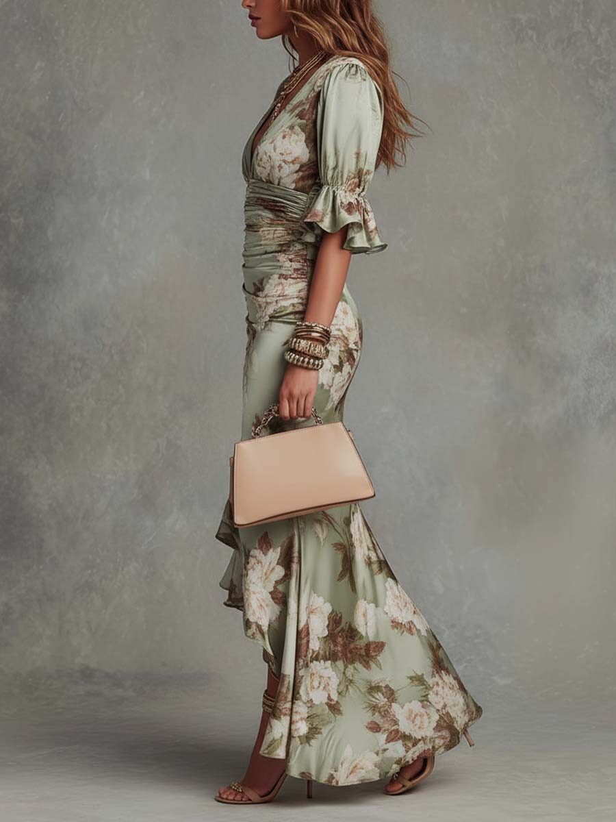 Isabela™ | Vestido Largo de Satén Floral con Escote en V y Mangas Volantes