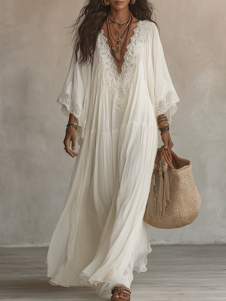 Celeste | Vestido Largo con Mangas Murciélago y Encaje