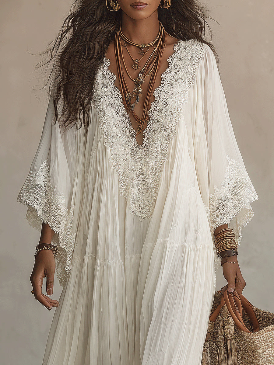 Celeste | Vestido Largo con Mangas Murciélago y Encaje