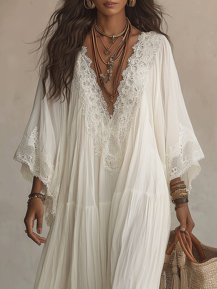 Celeste | Vestido Largo con Mangas Murciélago y Encaje