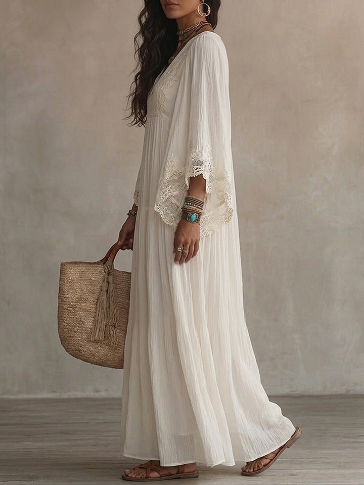 Celeste | Vestido Largo con Mangas Murciélago y Encaje