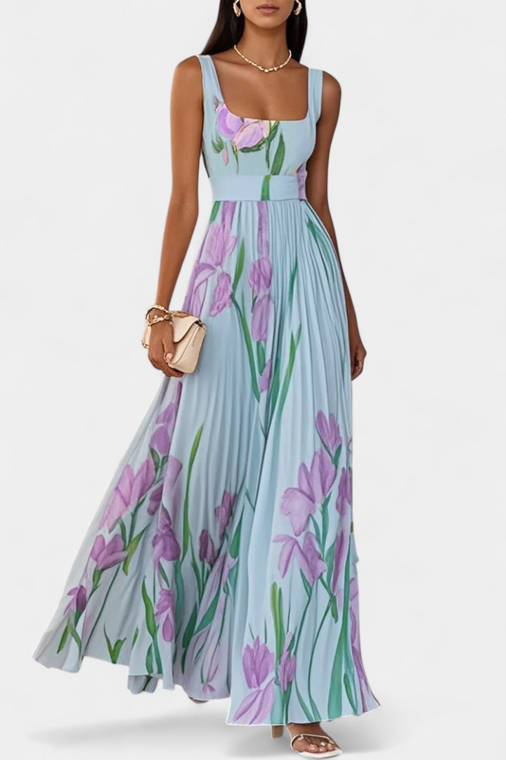 Vestido Largo Plisado Calanthe con Estampado Floral y Escote Cuadrado