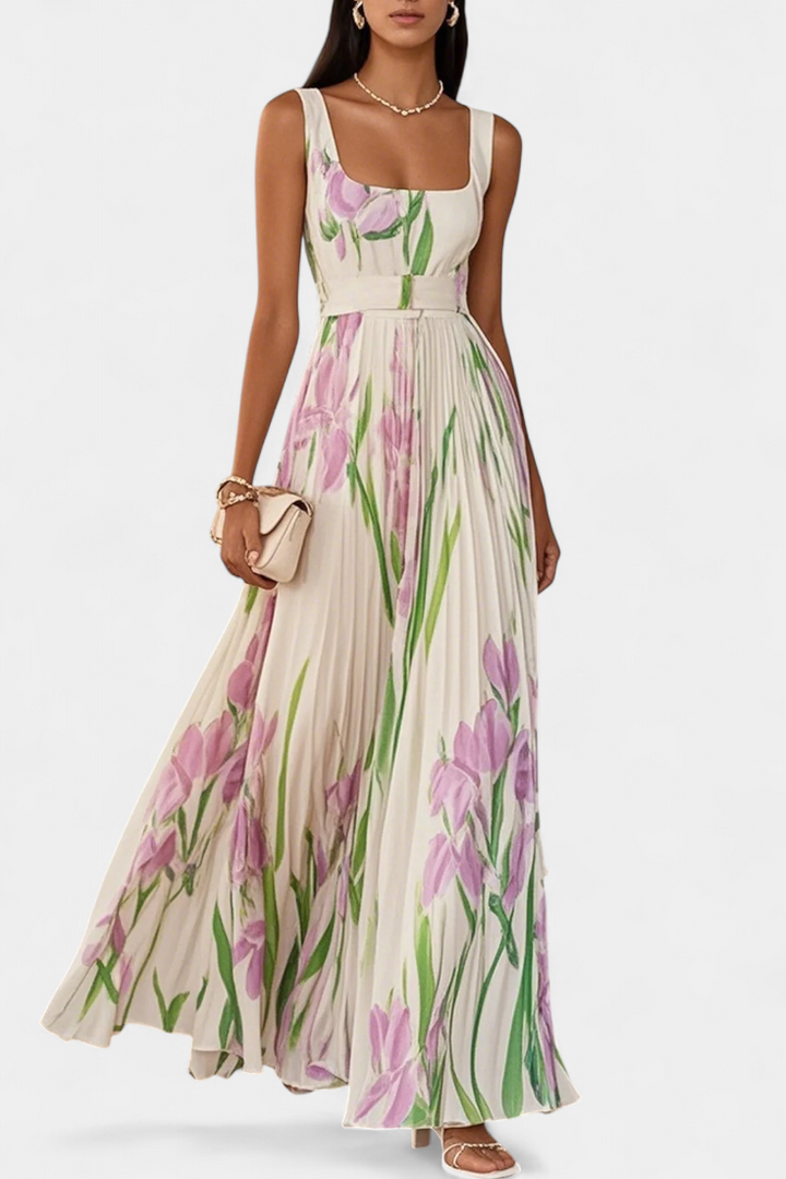 Vestido Largo Plisado Calanthe con Estampado Floral y Escote Cuadrado