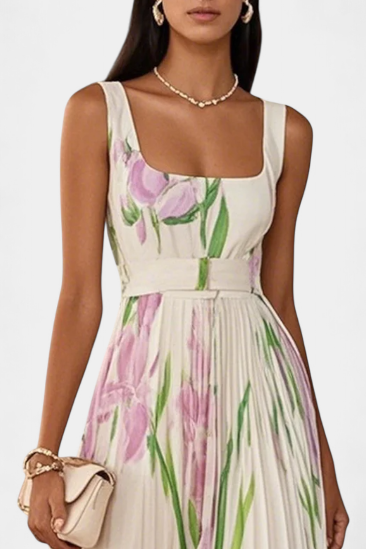 Vestido Largo Plisado Calanthe con Estampado Floral y Escote Cuadrado