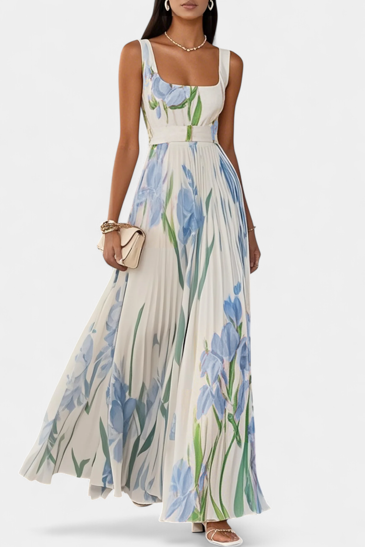 Vestido Largo Plisado Calanthe con Estampado Floral y Escote Cuadrado