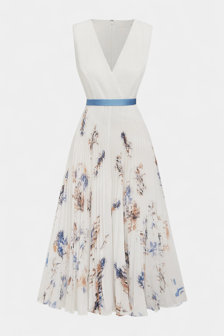Vestido Midi Sin Mangas Elise con Estampado Floral y Pliegues