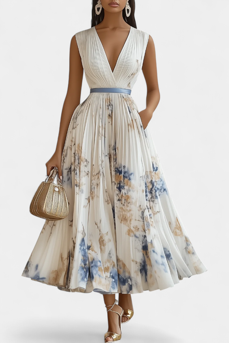 Vestido Midi Sin Mangas Elise con Estampado Floral y Pliegues