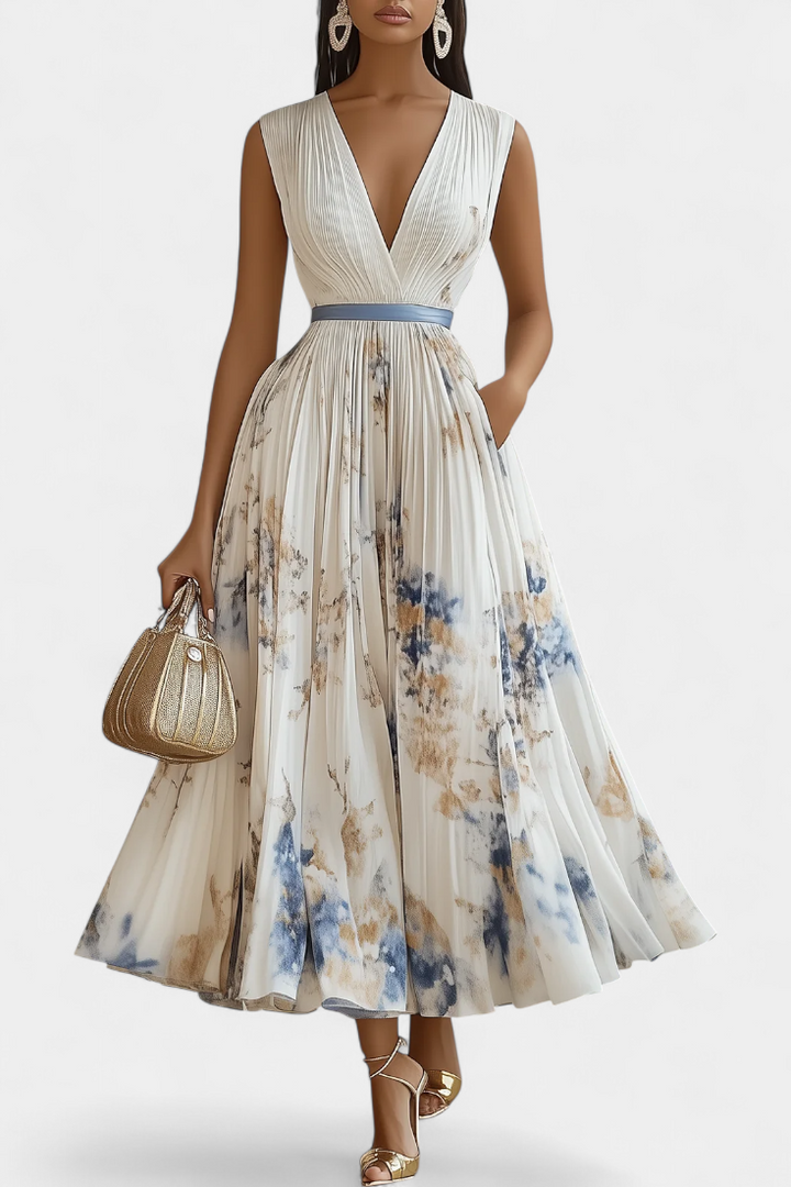 Vestido Midi Sin Mangas Elise con Estampado Floral y Pliegues