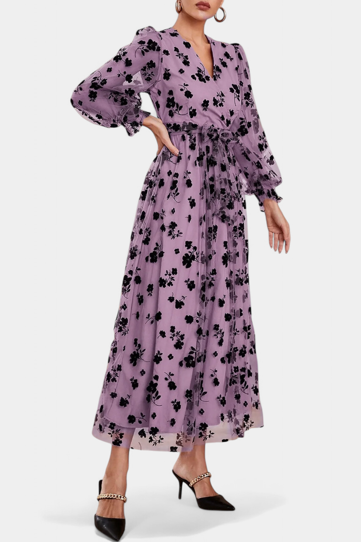 Iolanda Vestido Maxi de Encaje Floral con Mangas Abullonadas