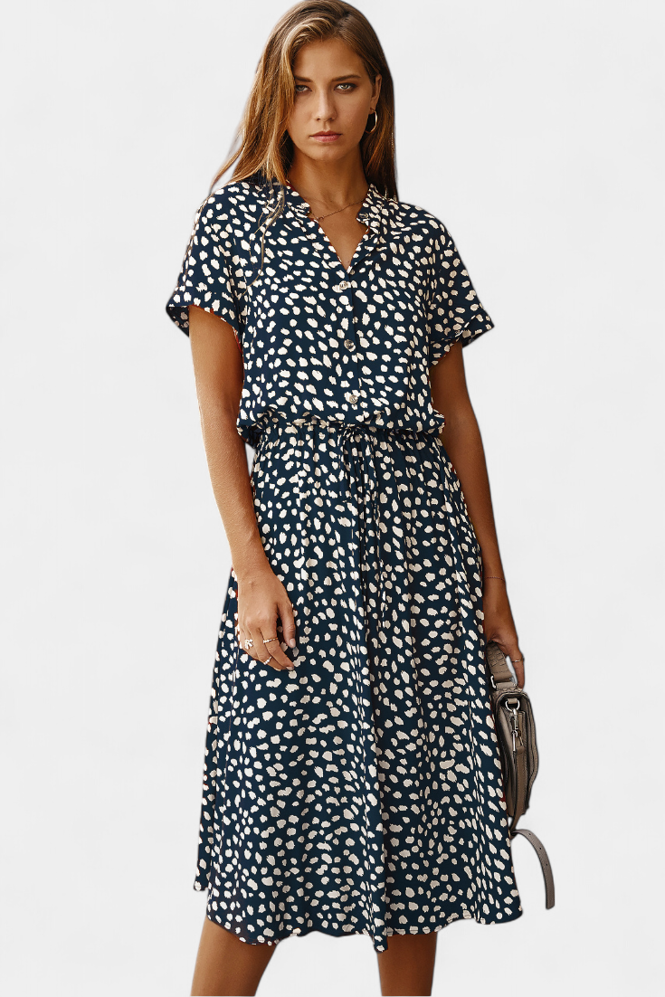 Vestido Midi de Lunares Rovena con Cuello Camisero y Cintura Ajustable
