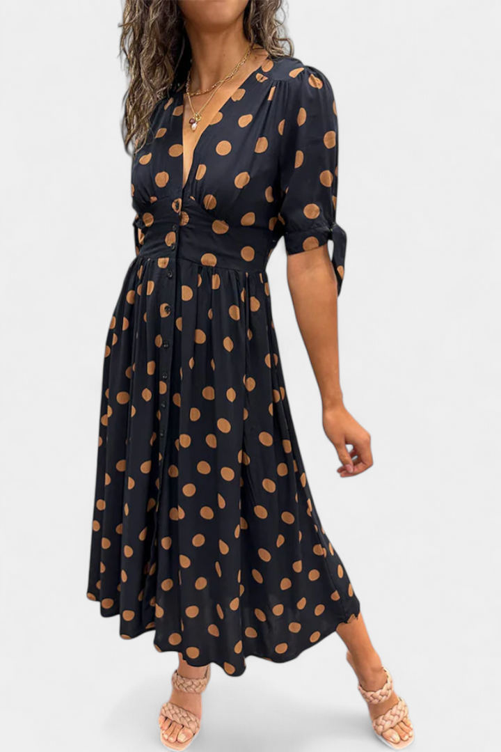 Lizzie Vestido Midi de Lunares con Escote en V Pronunciado