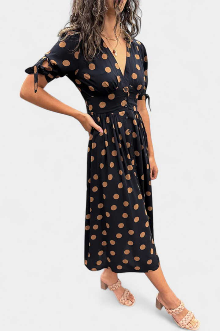 Lizzie Vestido Midi de Lunares con Escote en V Pronunciado