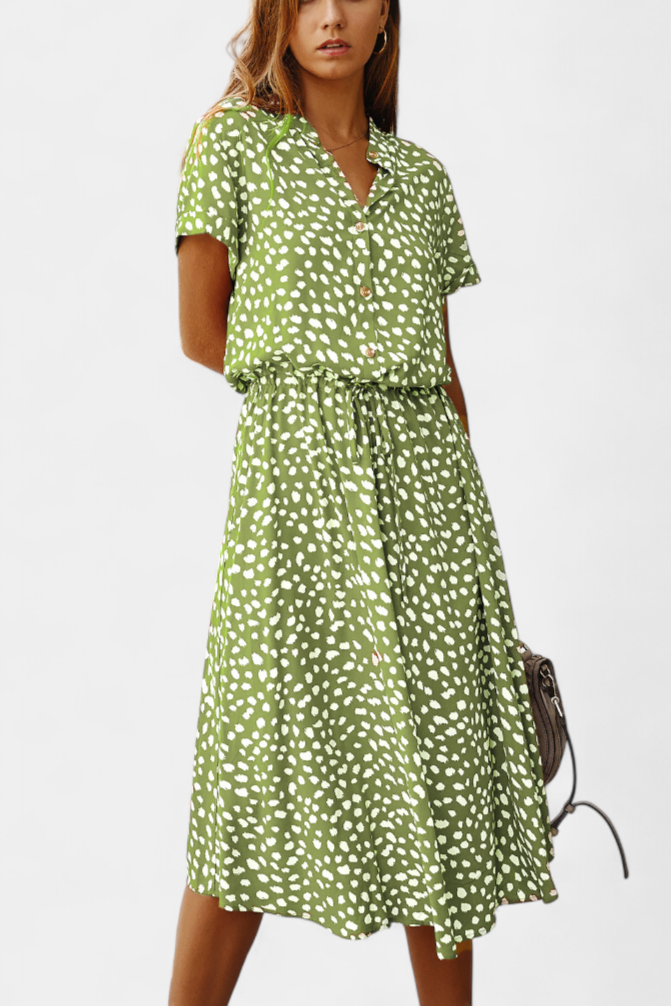 Vestido Midi de Lunares Rovena con Cuello Camisero y Cintura Ajustable