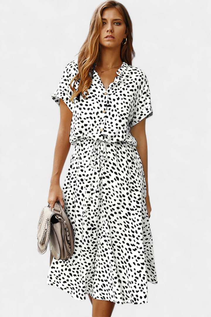 Vestido Midi de Lunares Rovena con Cuello Camisero y Cintura Ajustable