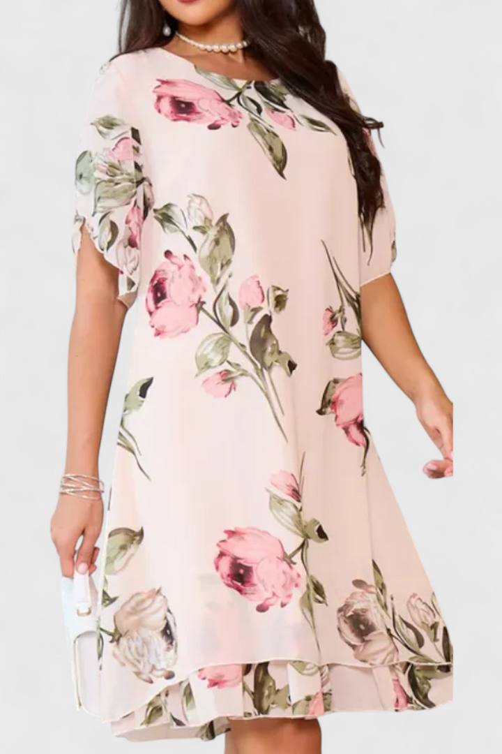 Tameka Vestido de Gasa Suave con Pétalos y Mangas Transparentes