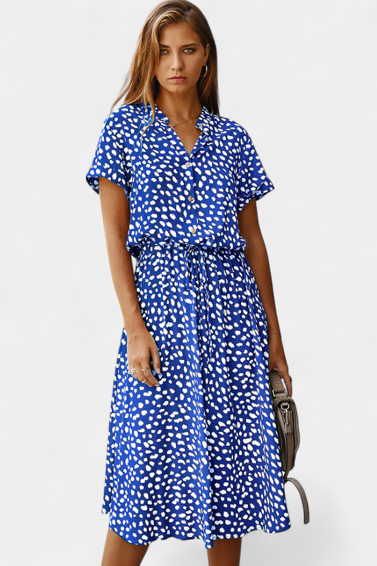 Vestido Midi de Lunares Rovena con Cuello Camisero y Cintura Ajustable