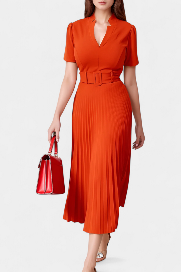 Seliora Vestido Midi Profesional con Cinturón y Pliegues