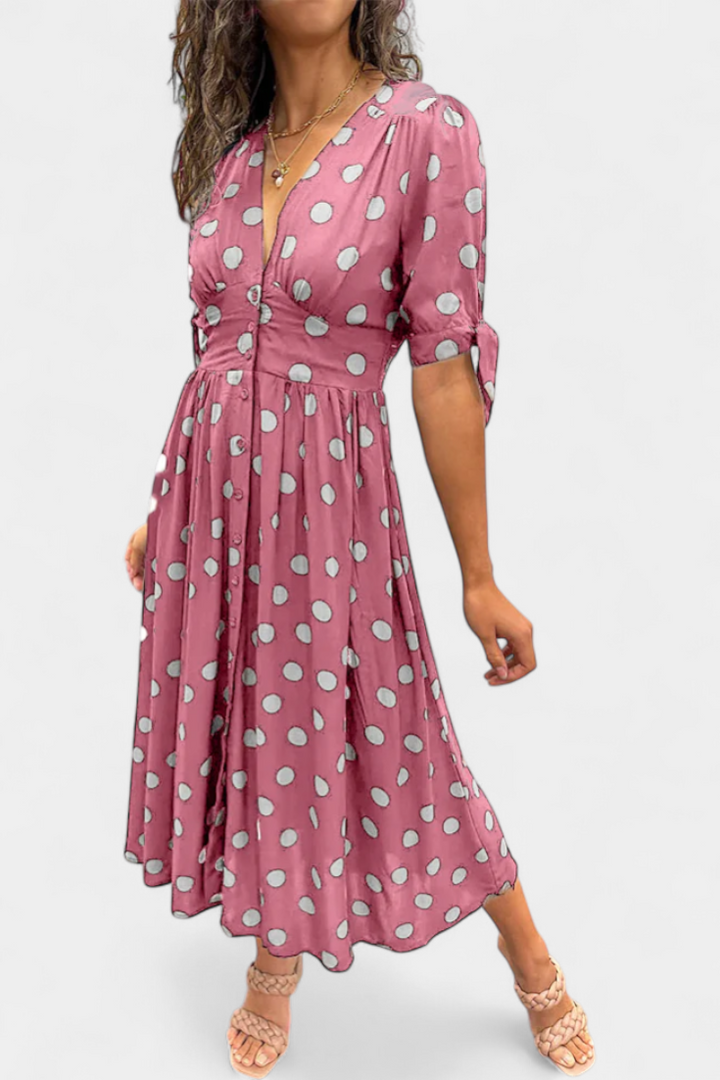 Lizzie Vestido Midi de Lunares con Escote en V Pronunciado