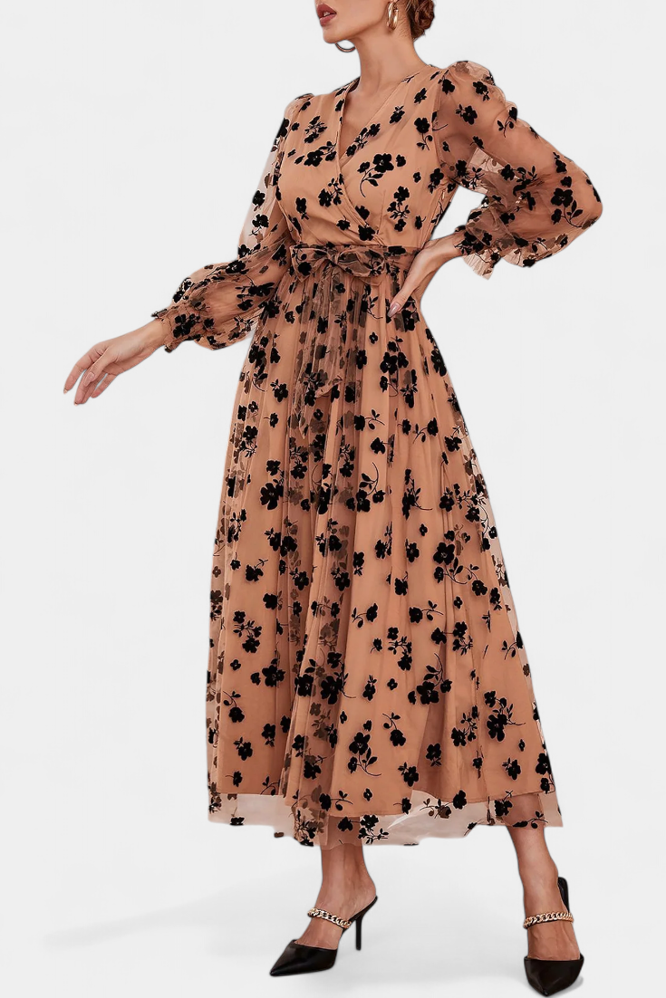Iolanda Vestido Maxi de Encaje Floral con Mangas Abullonadas