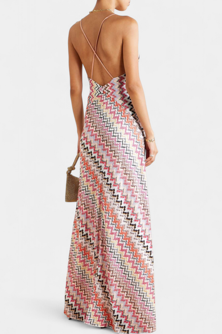Vestido Largo de Punto Multicolor con Escote Profundo y Espalda Cruzada de Francia