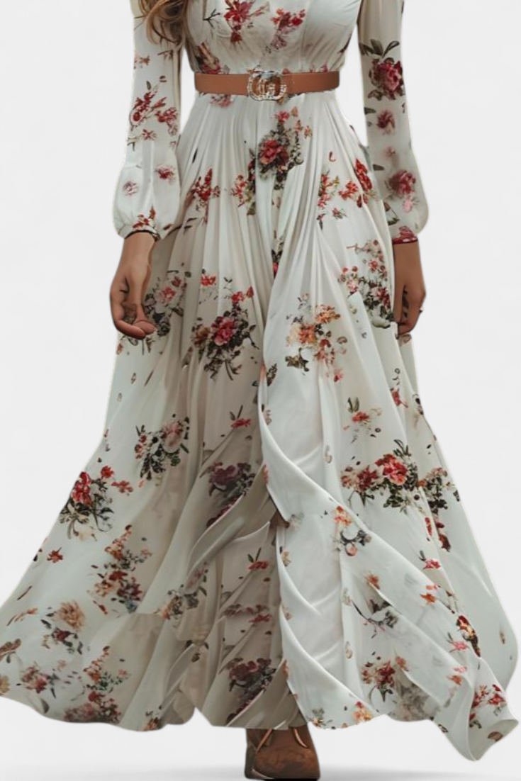 Amanda Maxi Vestido Floral con Cuello en V y Mangas Largas