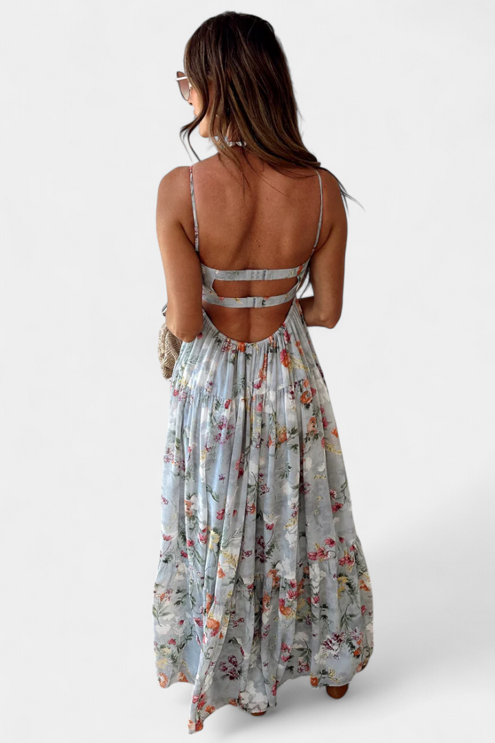 Vestido Floral Neha con Espalda Abierta y Tirantes Delgados
