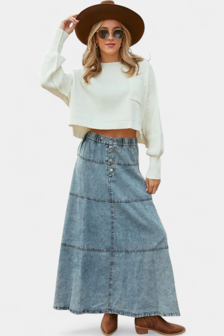 Lorraine Falda Maxi de Denim con Apliques de Pluma