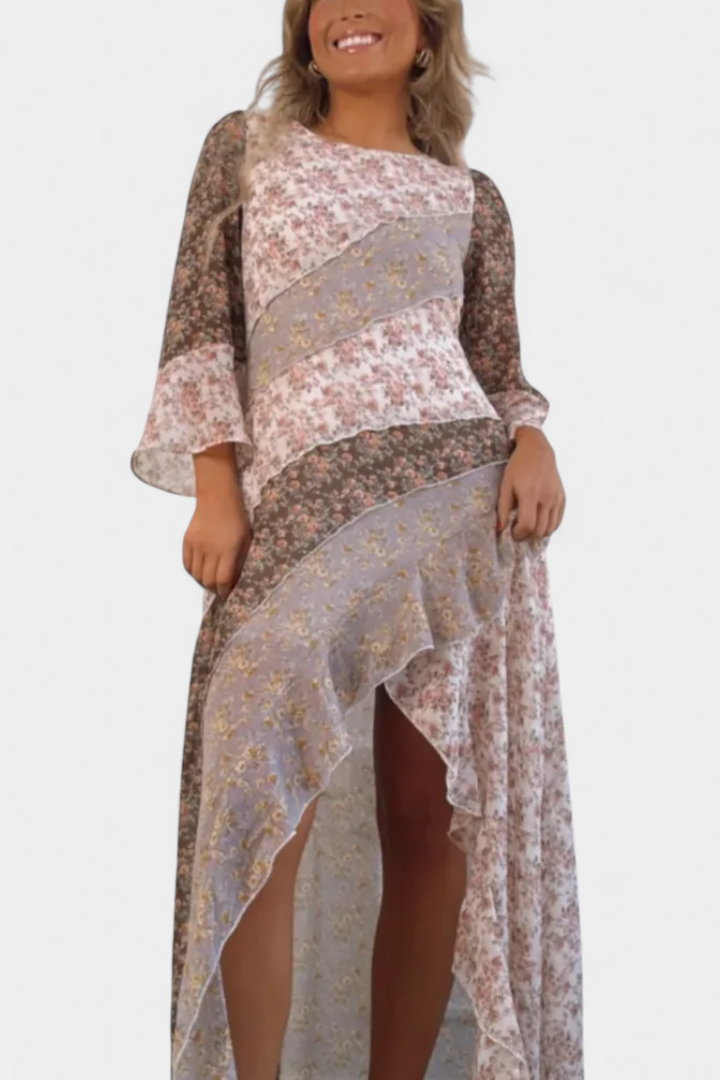 Vestido Largo Floral Ruth con Mangas 3/4 y Detalles de Paneles Volantes