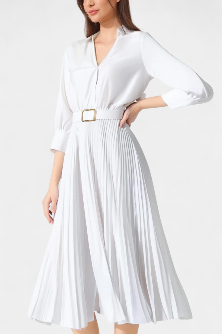 Vestido Midi Michelle con Cuello Sastre y Cinturón Plisado