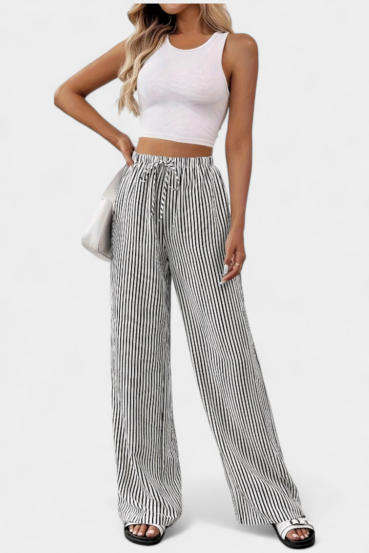 Pantalones Rectos Ligeros Sabrina con Cintura Ajustable y Diseño a Rayas