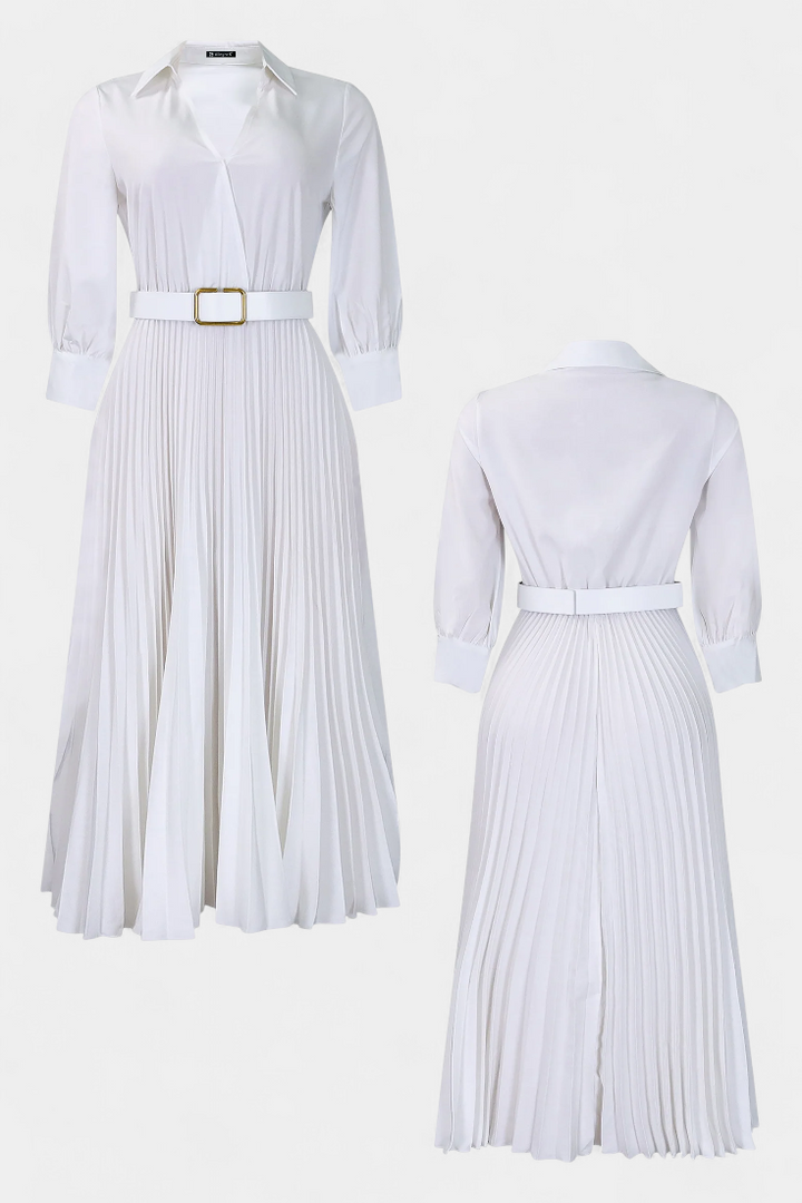 Vestido Midi Michelle con Cuello Sastre y Cinturón Plisado