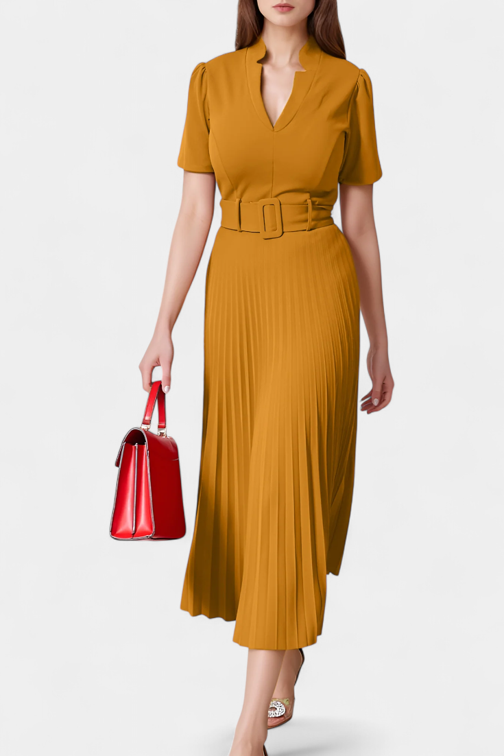 Seliora Vestido Midi Profesional con Cinturón y Pliegues