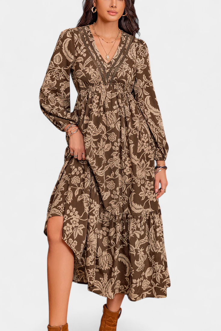Lunetta Vestido Maxi Bohemio con Estampado Floral y Mangas Abullonadas