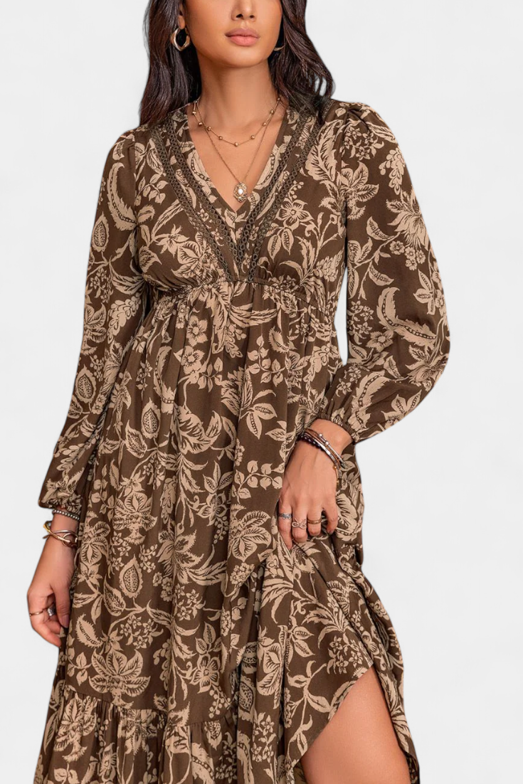 Lunetta Vestido Maxi Bohemio con Estampado Floral y Mangas Abullonadas